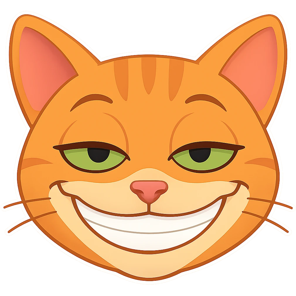 Make the cat's grin even bigger and give him hooded eyelids for a seductive, ready-to-get-it-on look, keeping the chibi stickers style and transparent background. emoji