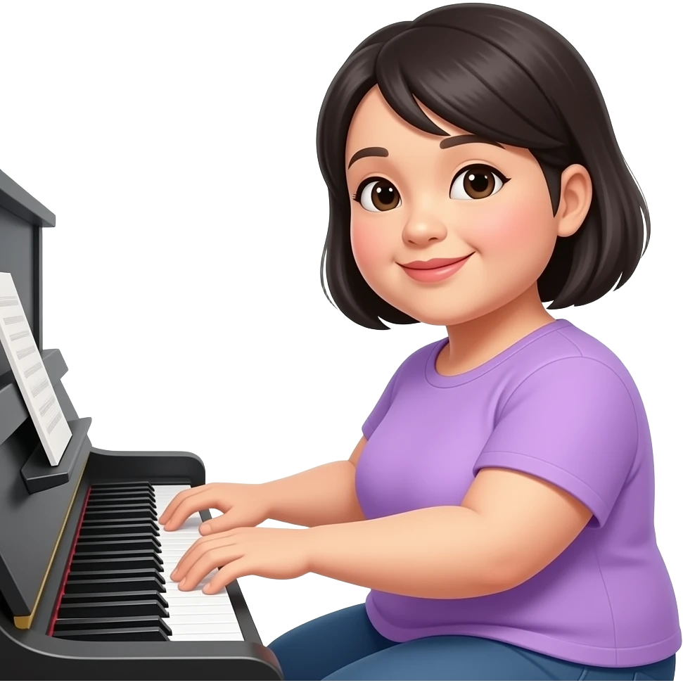 pudgy asian woman with bob playing piano emoji