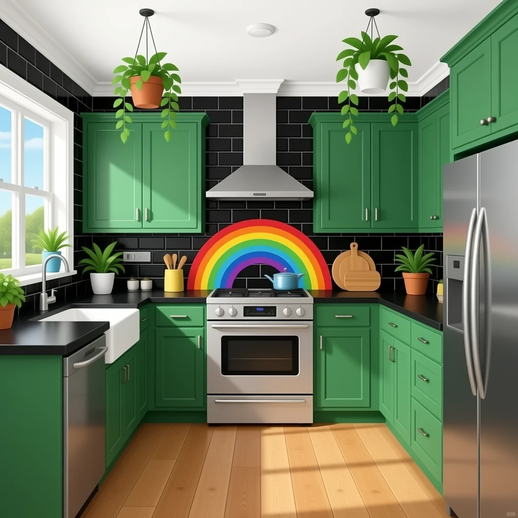 fancy kitchen with black wall tiles with rainbow underside, kelly Green cabinets, black countertops, wood floors and decorative plants on the ceiling emoji