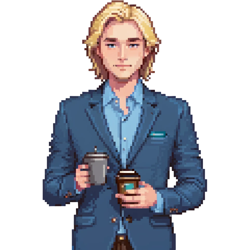 Confident male entrepreneur, Caucasian features, blonde hair, defined eyebrows, slight smile, wearing blue blazer over light blue shirt, holding a smartphone in one hand and a coffee cup in the other, waist-up, front-facing emoji