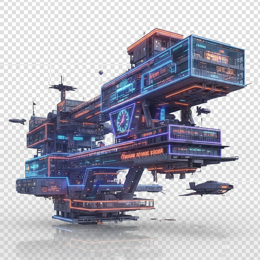 Горизонтальный небоскреб Эля Лисицкого в стиле ретрокиберпанк, конструктивизм. 

Прозрачный фон emoji