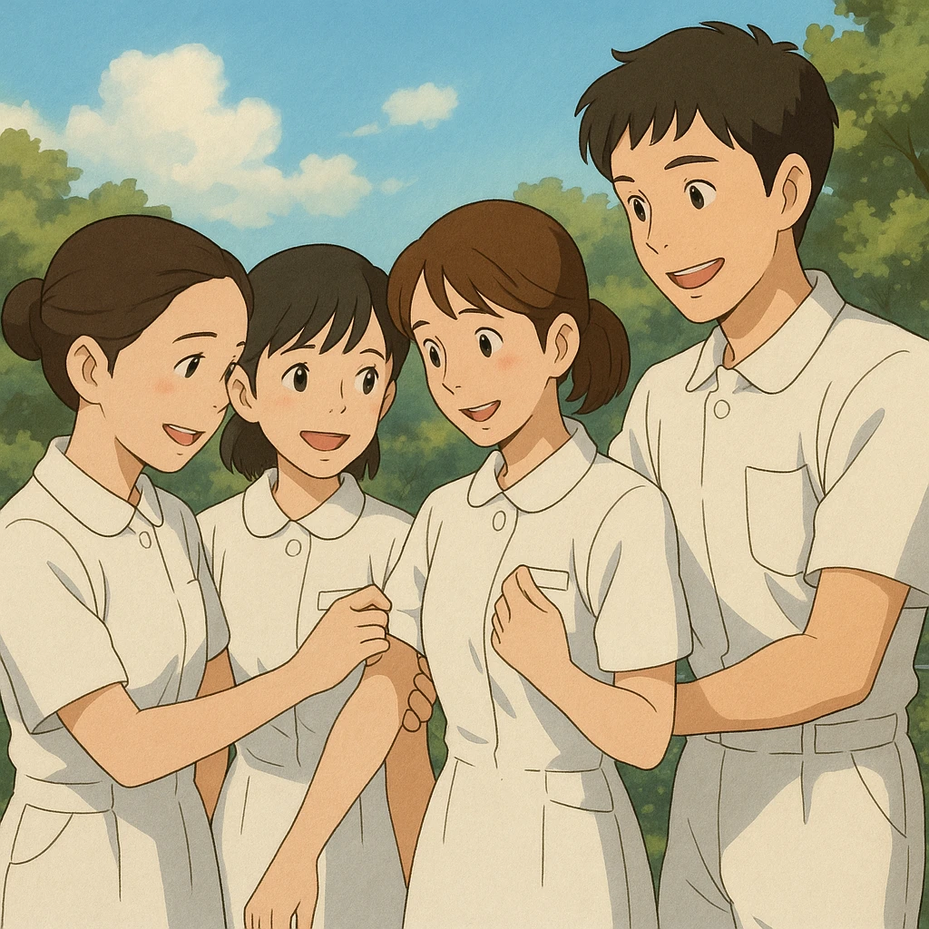 Group of four nursing students, three girls of the same height and one taller boy, white short-sleeve uniforms without stethoscopes, helping each other, faces inspired by photos, Ghibli style, friendly atmosphere emoji
