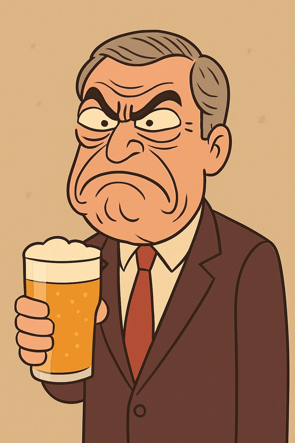Make it funny: Nigel Farage looking grumpy but comically exaggerated, holding a pint of lager, in a simple cartoon style. emoji