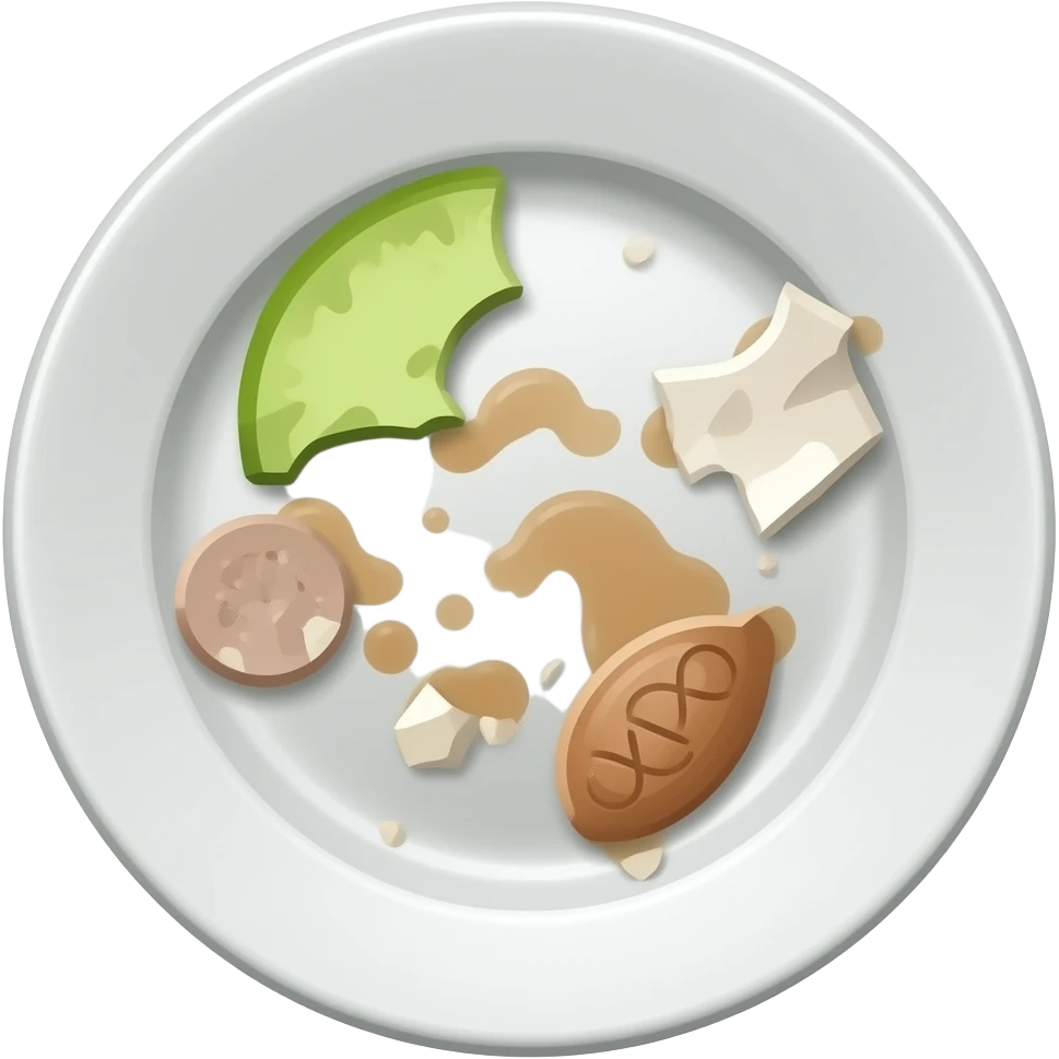 Dirty plate with leftover food, messy scraps, simple emoji style emoji