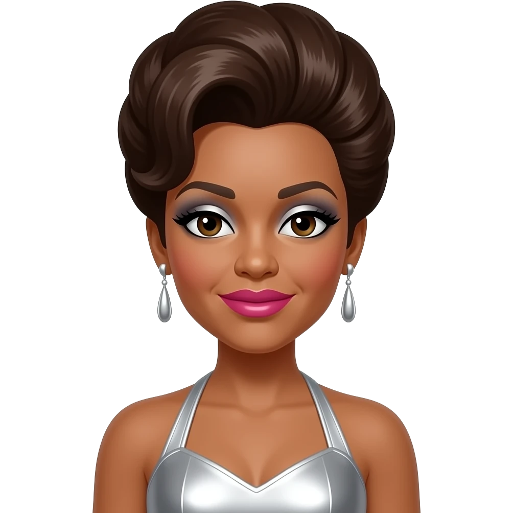 Florence Ballard from The Supremes with dark brown eyes, brown beehive hair, silver eyeshadow, hot pink lipstick, silver metallic halter dress, silver earrings emoji