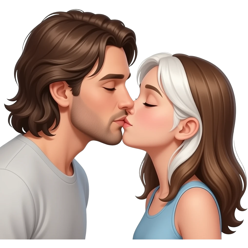 Realistic White longish brown hair man kiss white brown hair girl emoji