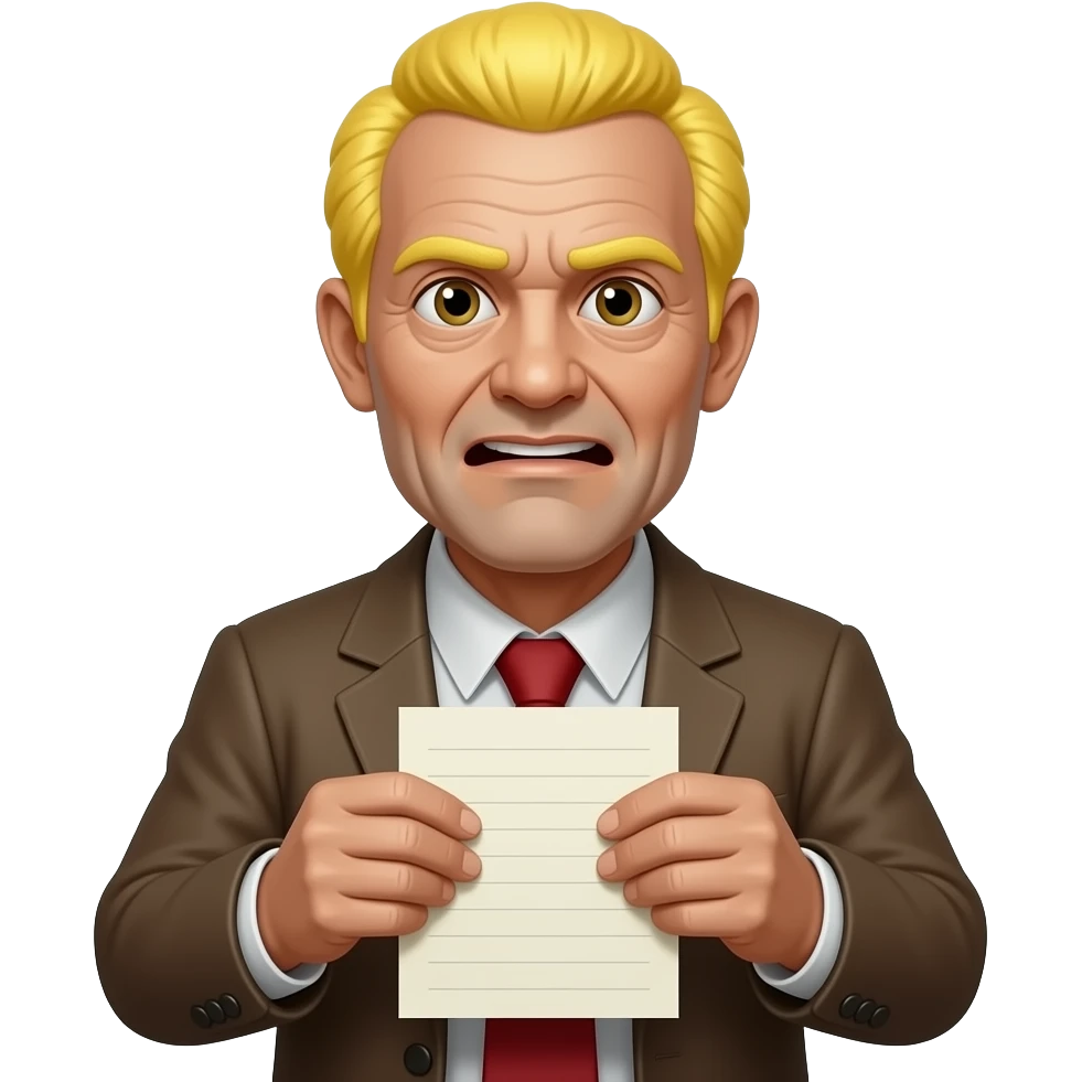 zombie old man with half bald yellow hair holding Notepaper in two hands and showing emoji