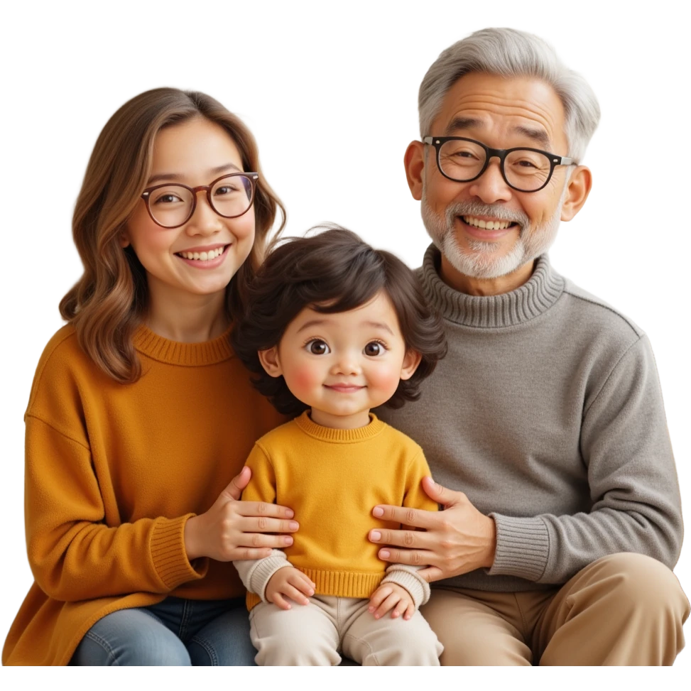 closeup front angle shot of a multigenerational family with grandparents parents and child, realistic facial features, warm lighting, skeuomorphism style emoji