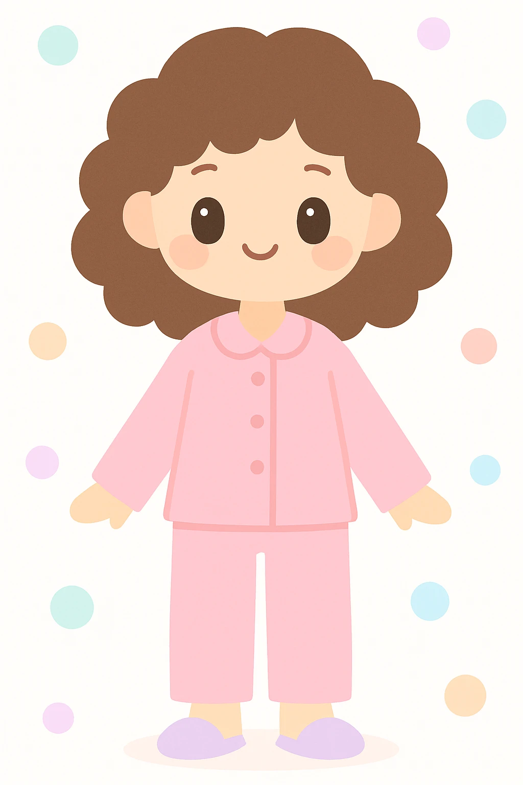 cute style young woman with curly brown hair wearing pink pajamas, minimalist background emoji