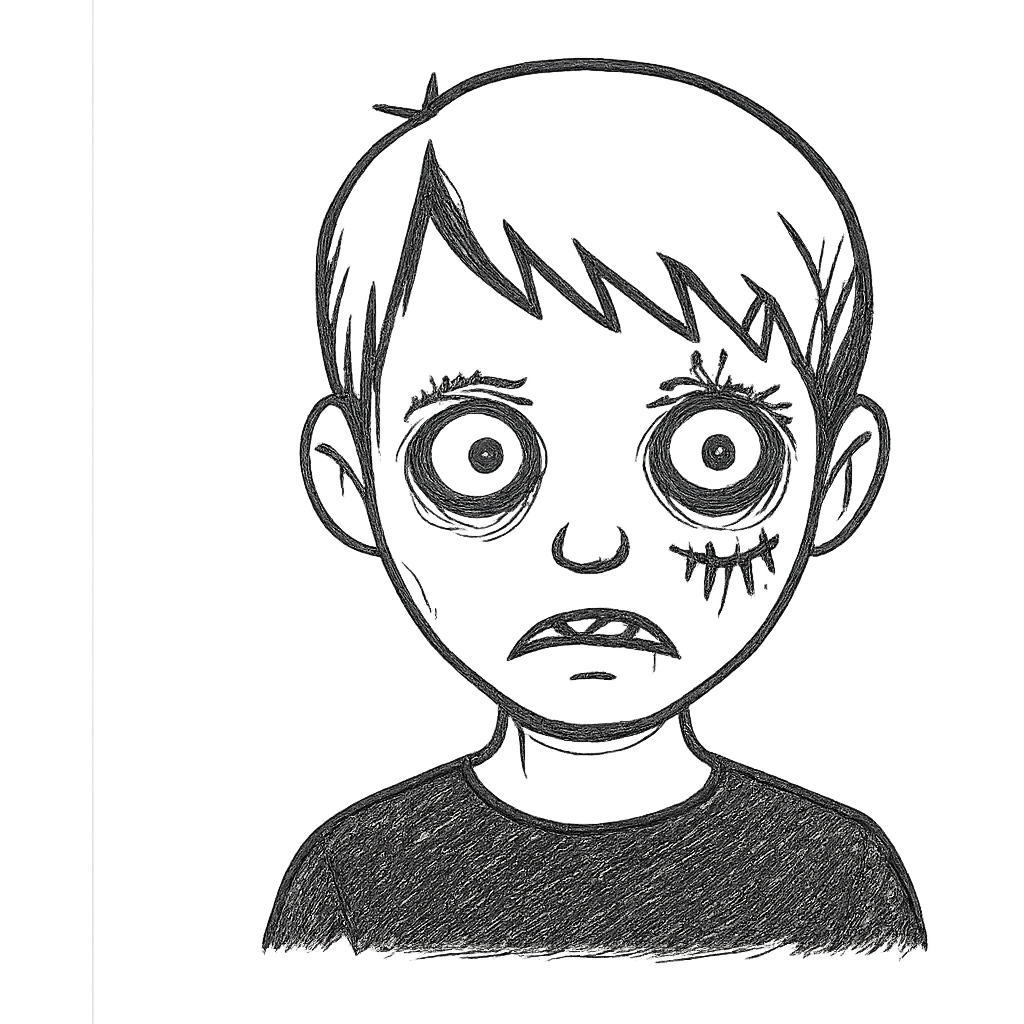 Add more zombie details such as greenish skin, visible stitches, and a scar. Keep the long emo bangs and black shirt. No background. emoji
