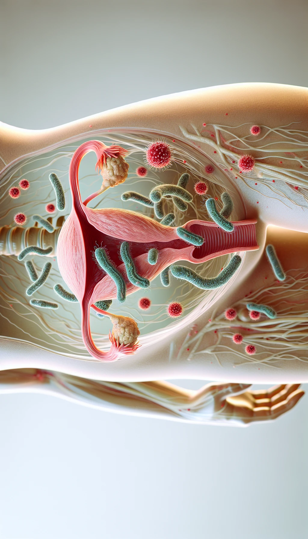 corpo umano anatomico con batteri come la candida nell'utero, sfondo neutro chiaro, iperrealistico 4k emoji