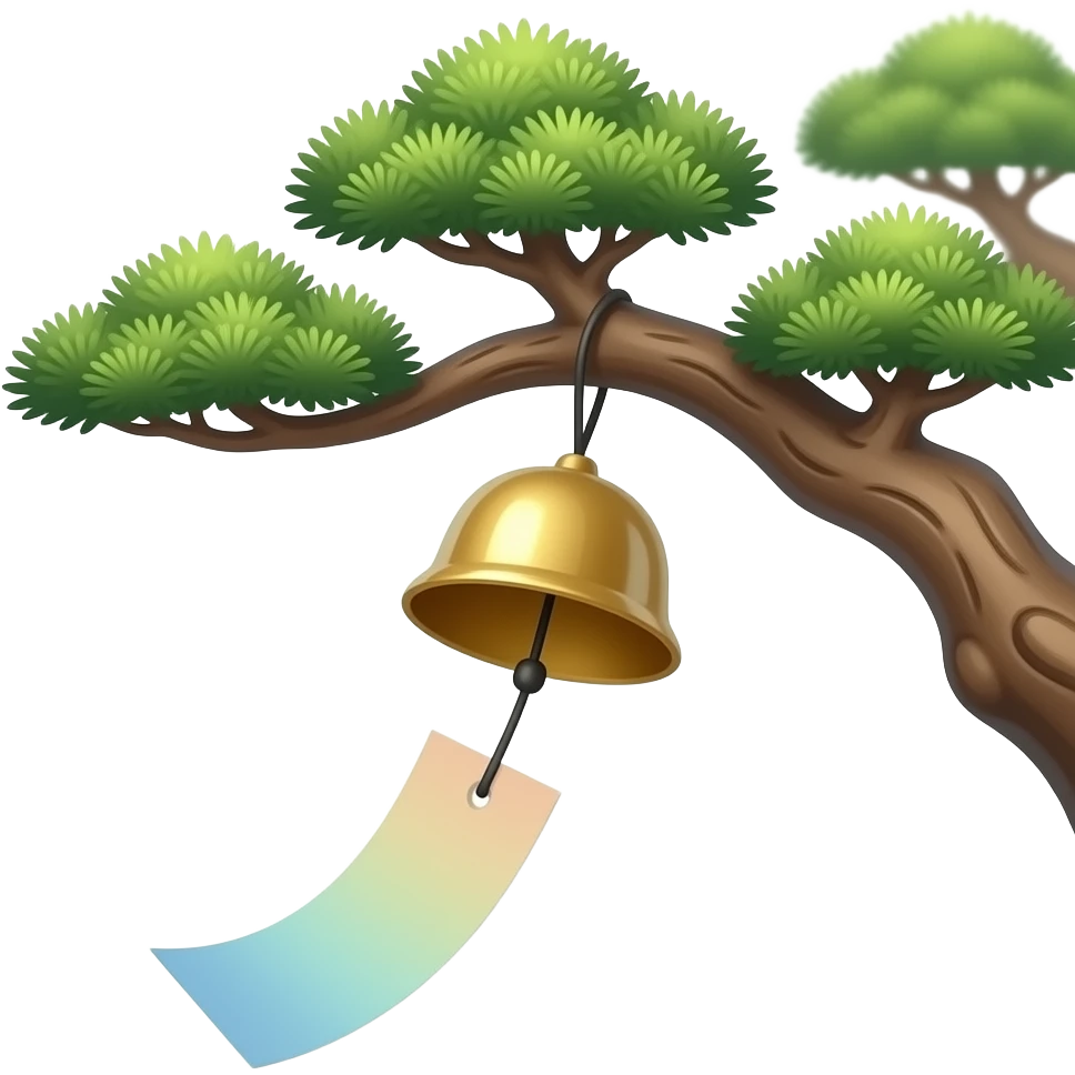 "A Japanese furin wind chime hanging from a bonsai tree branch. A single rectangular paper strip is attached below, moving softly with the wind. The paper changes color randomly each time. Minimalist scene, soft natural lighting, calm atmosphere, Japanese aesthetic." emoji