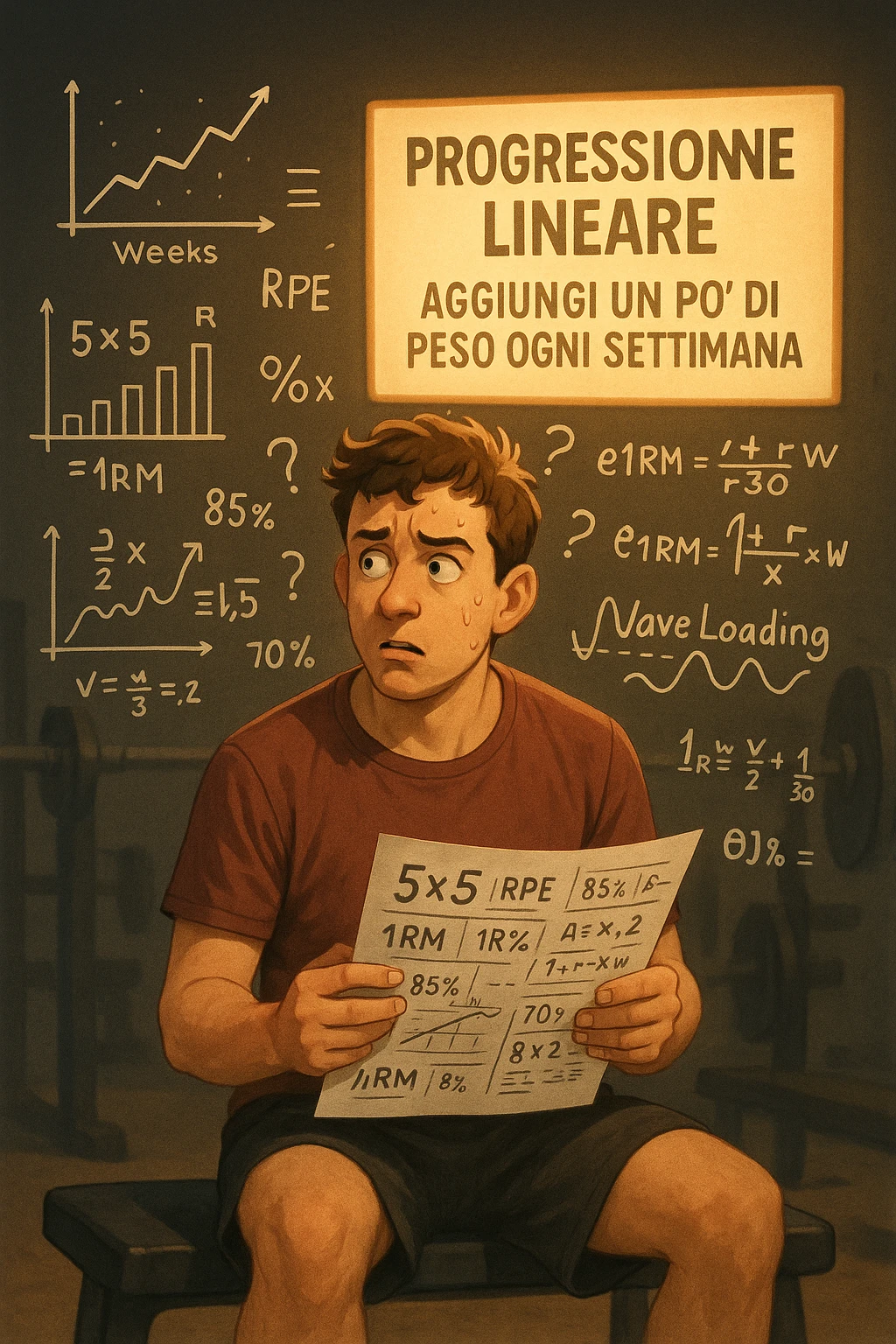 Neofita in palestra, visibilmente confuso, seduto su una panca con in mano un foglio pieno di schemi complicati, numeri, percentuali e sigle (tipo 5x5, RPE, 1RM, wave loading, ecc). Ha un’espressione perplessa, guarda in tutte le direzioni. Intorno a lui appaiono in aria grafici intricati, metodi diversi, formule complicate. Ma sullo sfondo, in modo semplice e luminoso, c'è un cartello che dice: 'Progressione lineare – Aggiungi un po’ di peso ogni settimana'. La luce calda illumina proprio quel messaggio semplice. Contrasto visivo forte tra la confusione e la chiarezza. Stile realistico o illustrato, atmosfera educativa e motivazionale. emoji