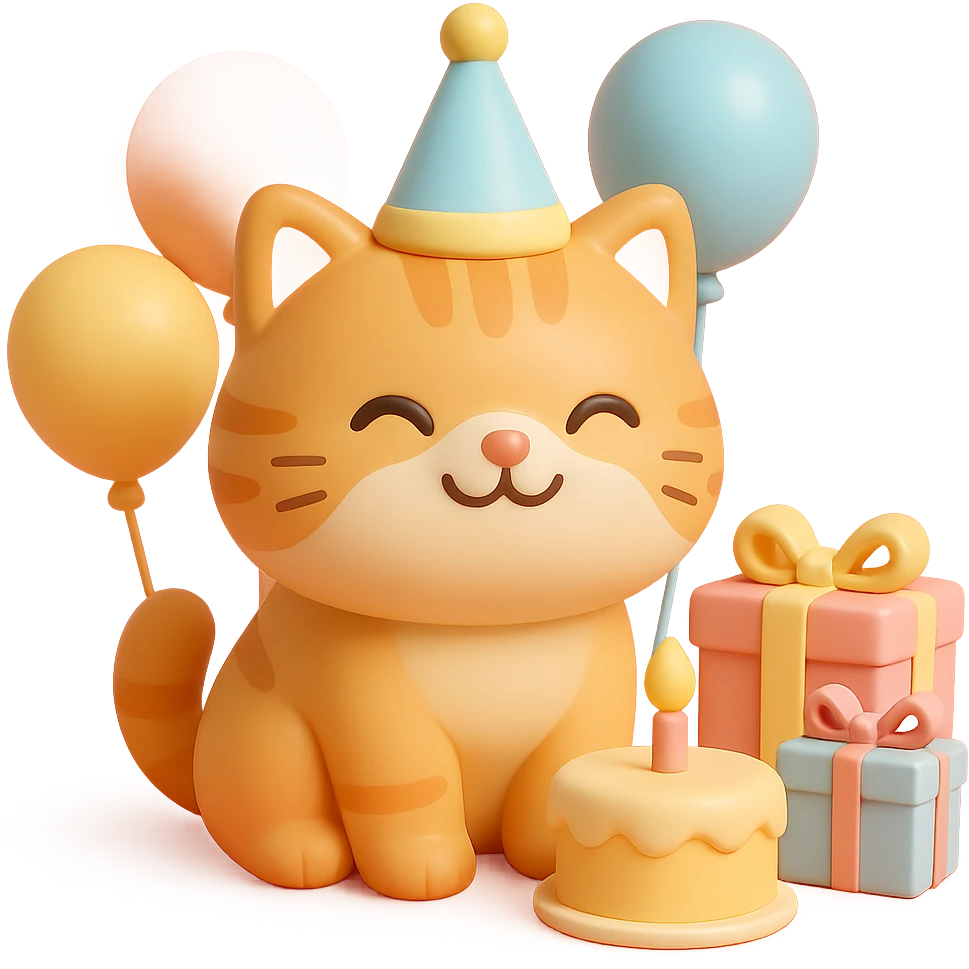 ginger tabby kitten with birthday hat, surrounded by balloons and presents, smiling, birthday cake nearby emoji