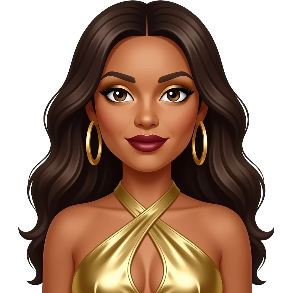 LeToya Luckett from Destiny's Child with dark brown eyes, long dark brown hair, gold eyeshadow, dark red lipstick, gold metallic halter dress, gold earrings emoji