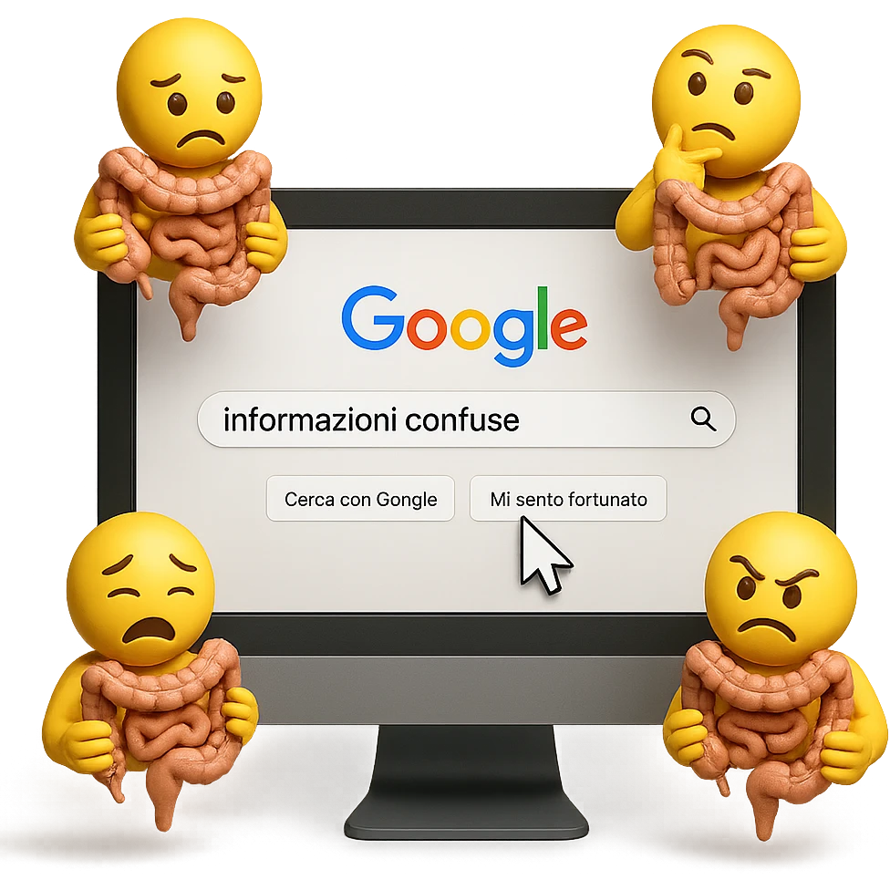 SCHERMO DI PC CON LA SCRITTA "informazioni confuse" SULLA BARRA DI RICERCA GOOGLE SULLO SCHERMO E IL CLICK DEL MOUSE SULLA SCRITTA CERCA, stile emoji iphone fluttuano in aria stringendo in mano un pezzo di colon intestinale, iperrealistico 4k emoji