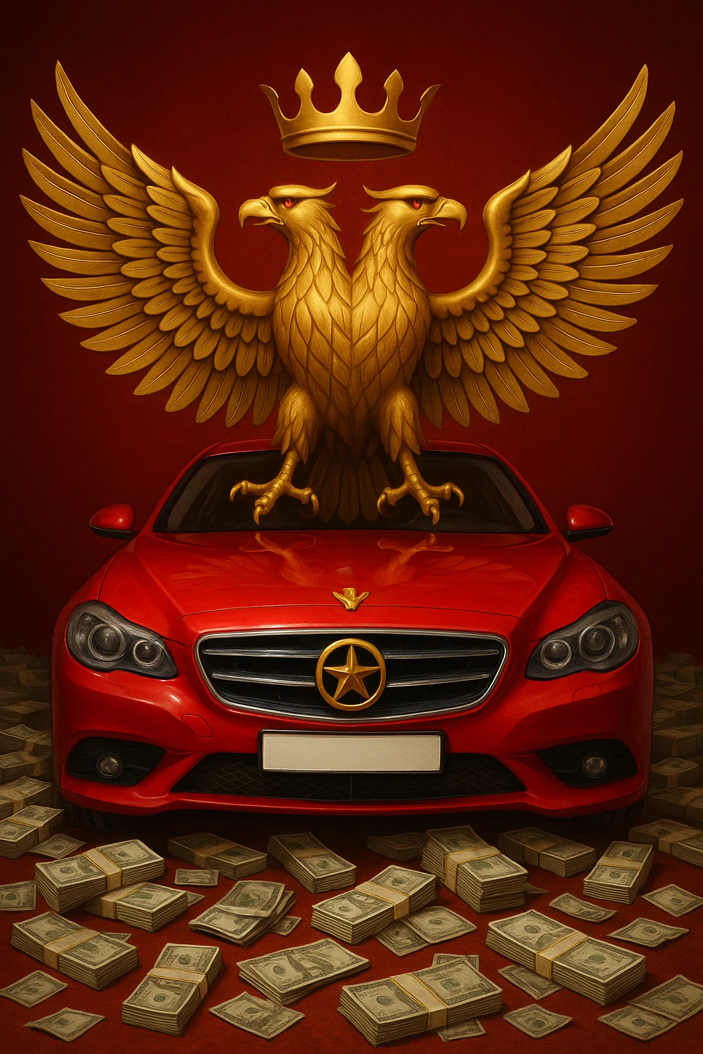 Make the emoji with Albanian mafia symbols (double-headed eagle, money, luxury car, red background) more realistic with detailed realism. emoji
