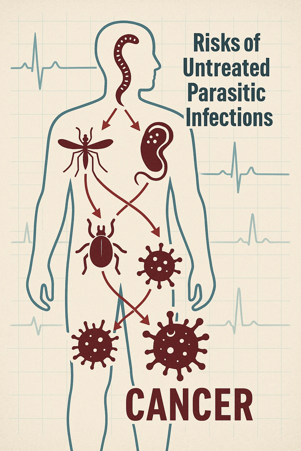 a man’s silhouette is filled with stylized images of parasites and tumor cells, connected by red lines or arrows to show cause and effect. The background features a medical chart or infographic about the dangers of untreated parasitic infections. The overall tone is serious and educational. scritto in italiano emoji