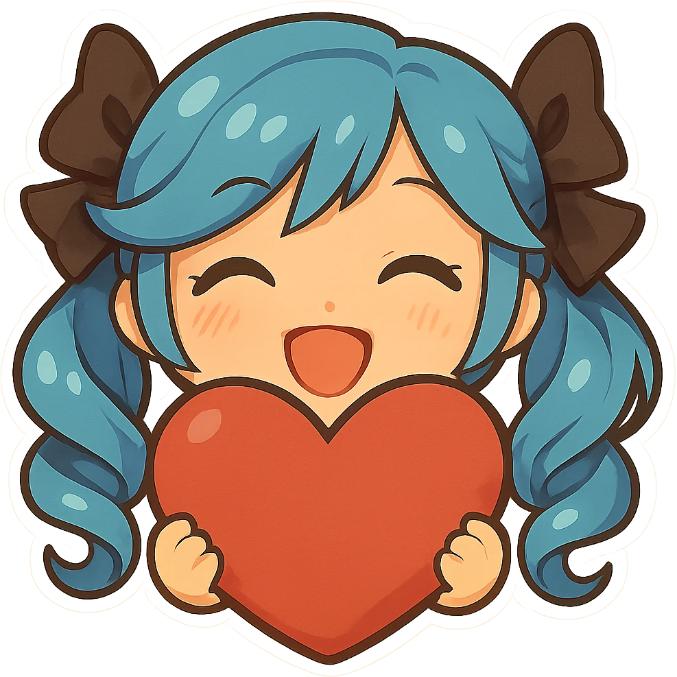 Make the heart much bigger and have Gwen's chibi hands holding the heart, keep happy expression, only head and hands visible. Variation 3. The style should be consistent with the original image. emoji