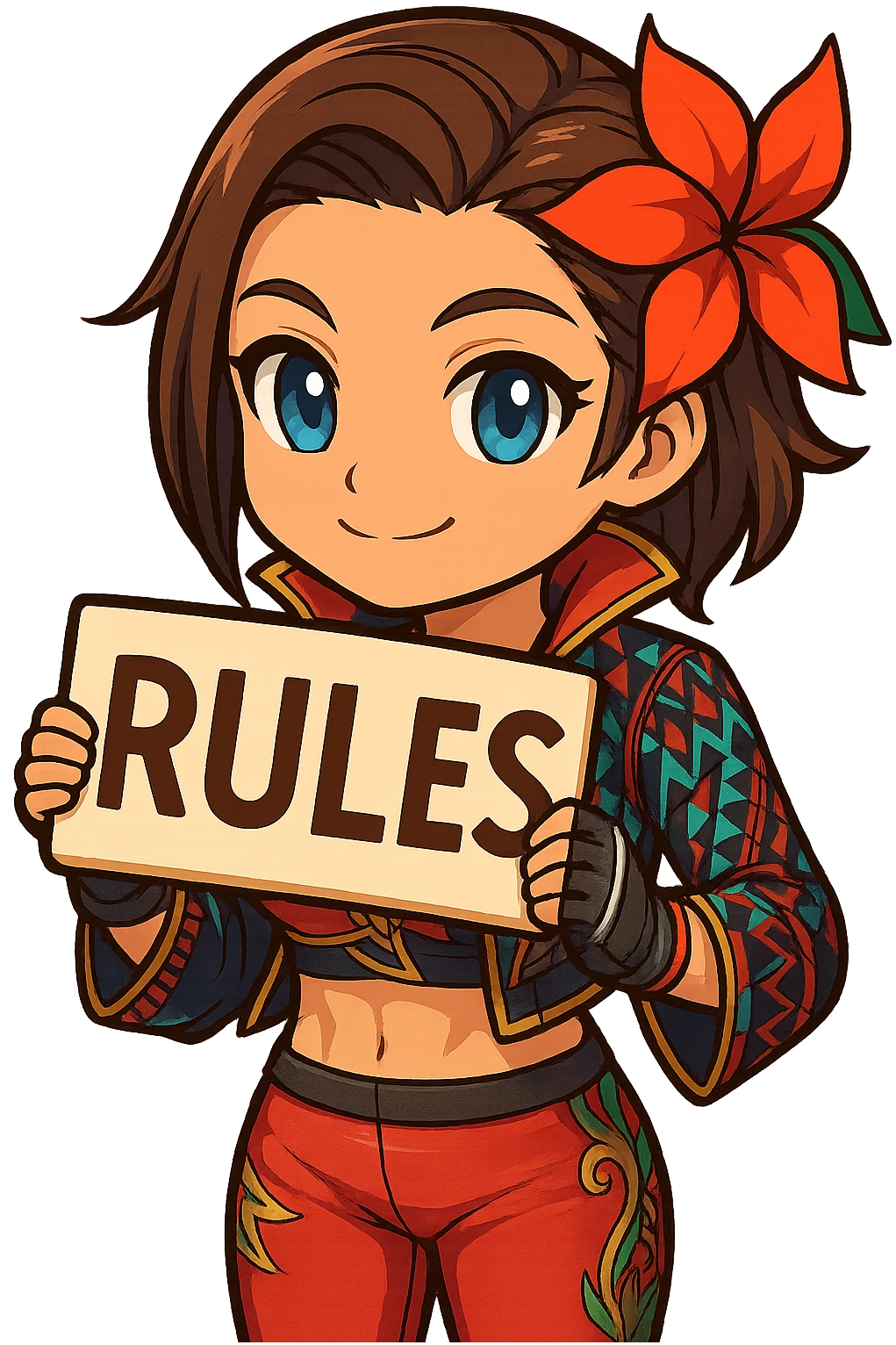 Azucena from Tekken 8 in chibi sticker style, holding a sign that says 'RULES', friendly expression, wearing the detailed red and patterned outfit from the reference images, designed for Twitch emote use. emoji