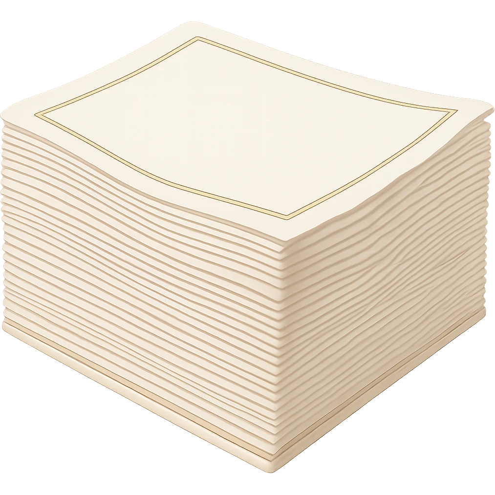 Add a subtle and elegant colored border to the stack of soft white paper napkins. Maintain soft lighting and subtle shadows. The background should be transparent with no background visible. emoji