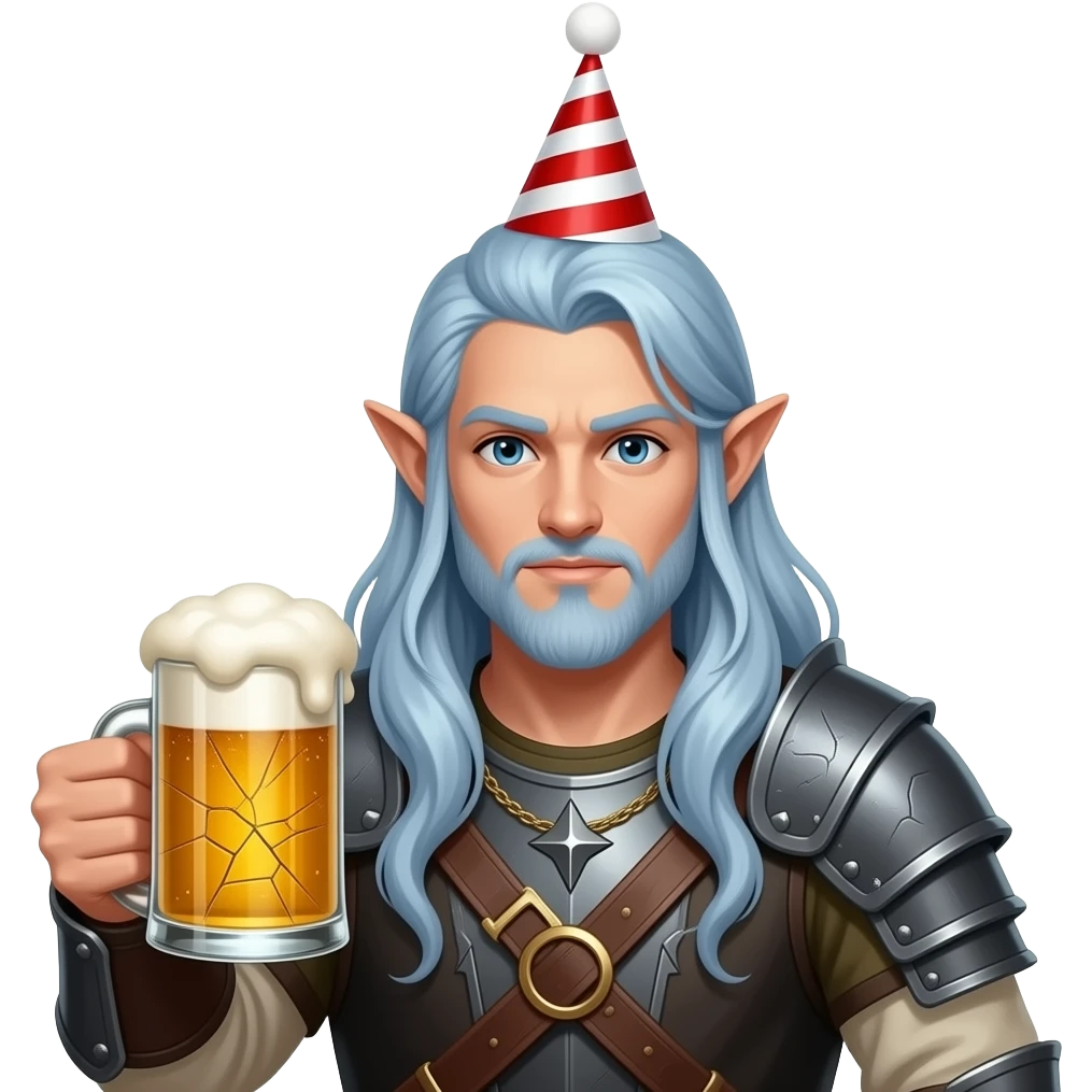 male elf battle monk with long blue silver hair holding beer and wearing a birthday hat emoji