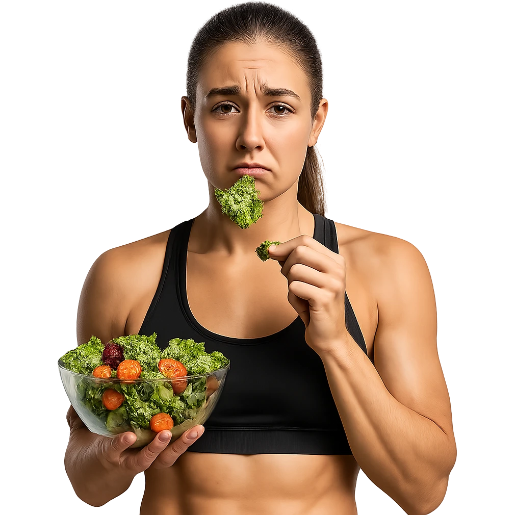 DONNA FITNESS CON INSALATA IN MANO MENTRE TIENE UNA FOGLIA DI INSALATA IN BOCCA CON ESPRESSIONE TRISTE, iperrealistico 4k, ISOLATA SU SFONDO BIANCO emoji
