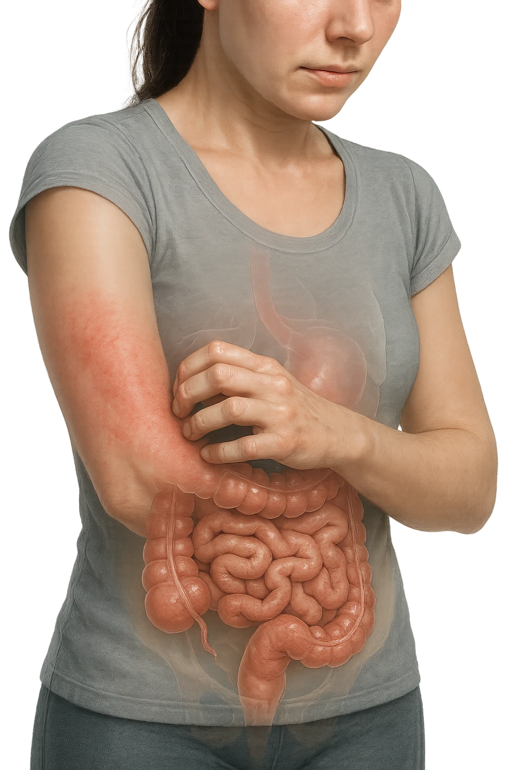 donna con intestino umano anatomico realistico che si gratta il braccio su cui ha un'eritema, iperrealistica 4k emoji