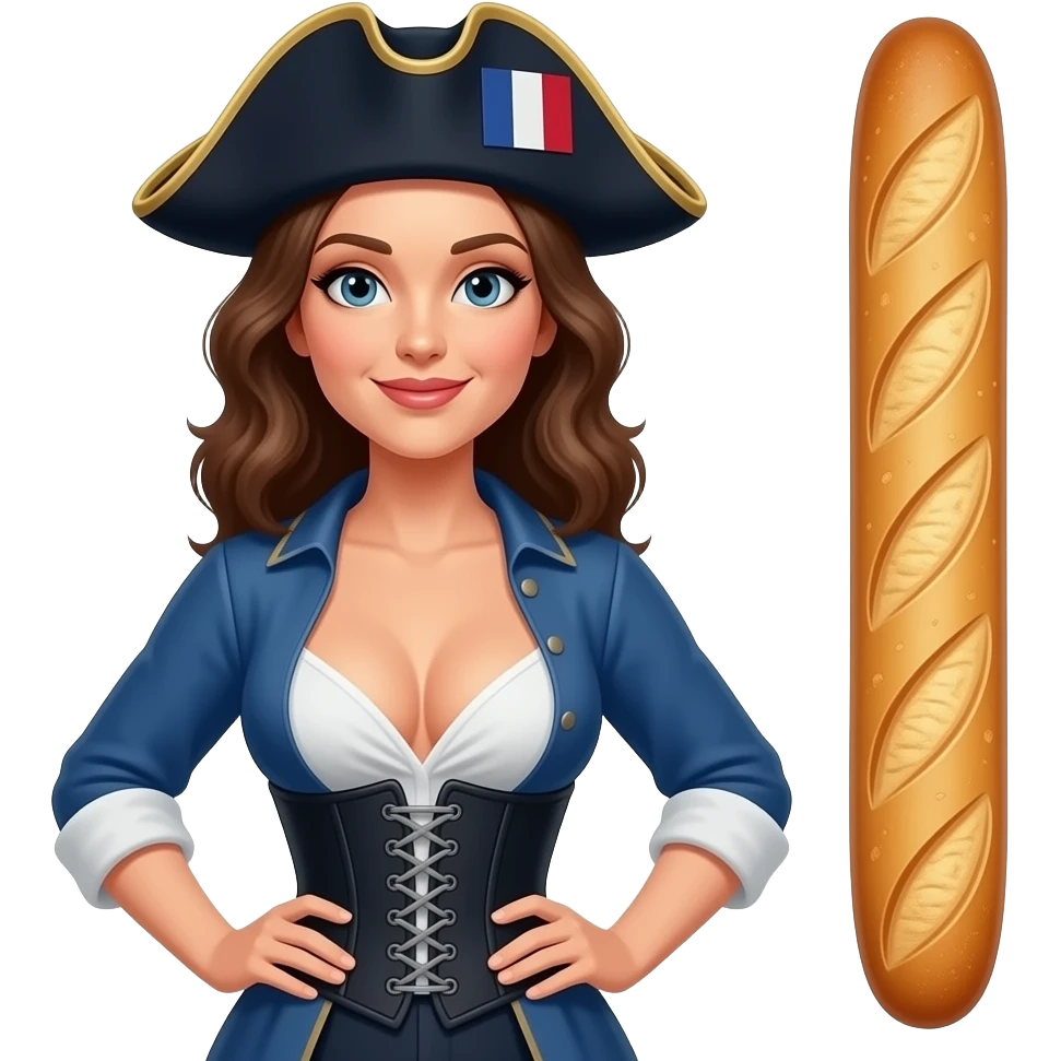 emblematic - wild historical French Mariana in a tight corset with a large open neckline, with a rebel Jacobin cap riding a narrow French bread emoji