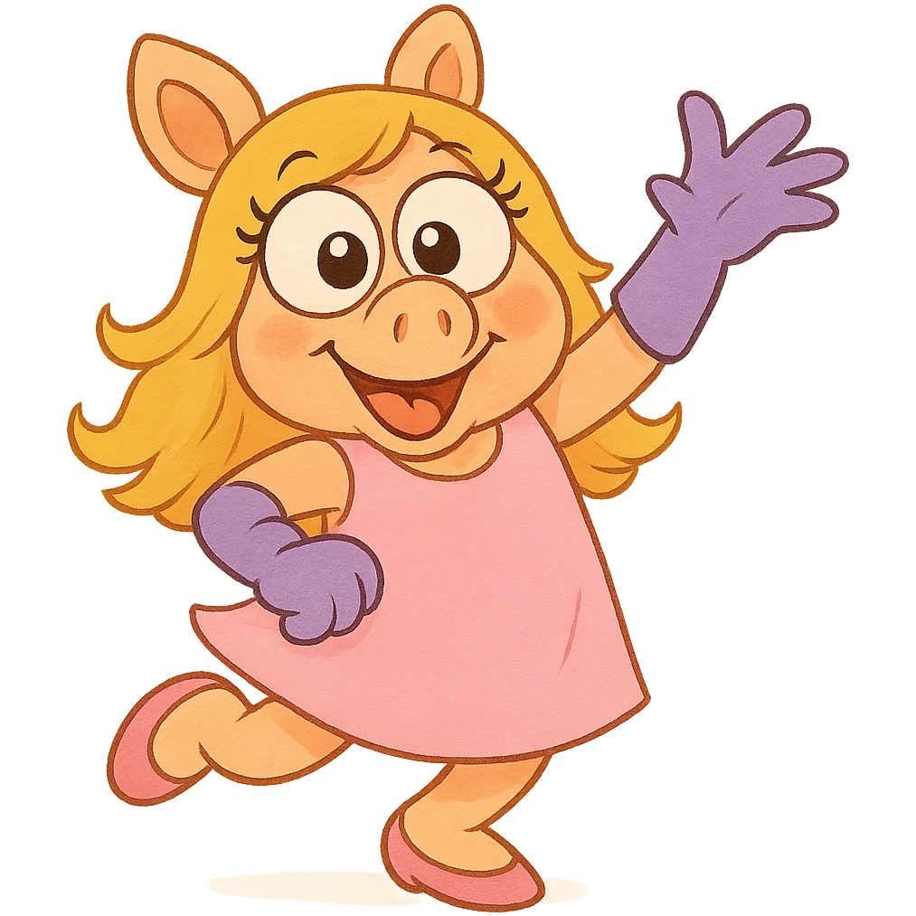 Make Miss Piggy's cross eyes even bigger, cute and silly style, fun pose, keep background transparent with a light background. Emphasize cute and silly style in the edit. emoji