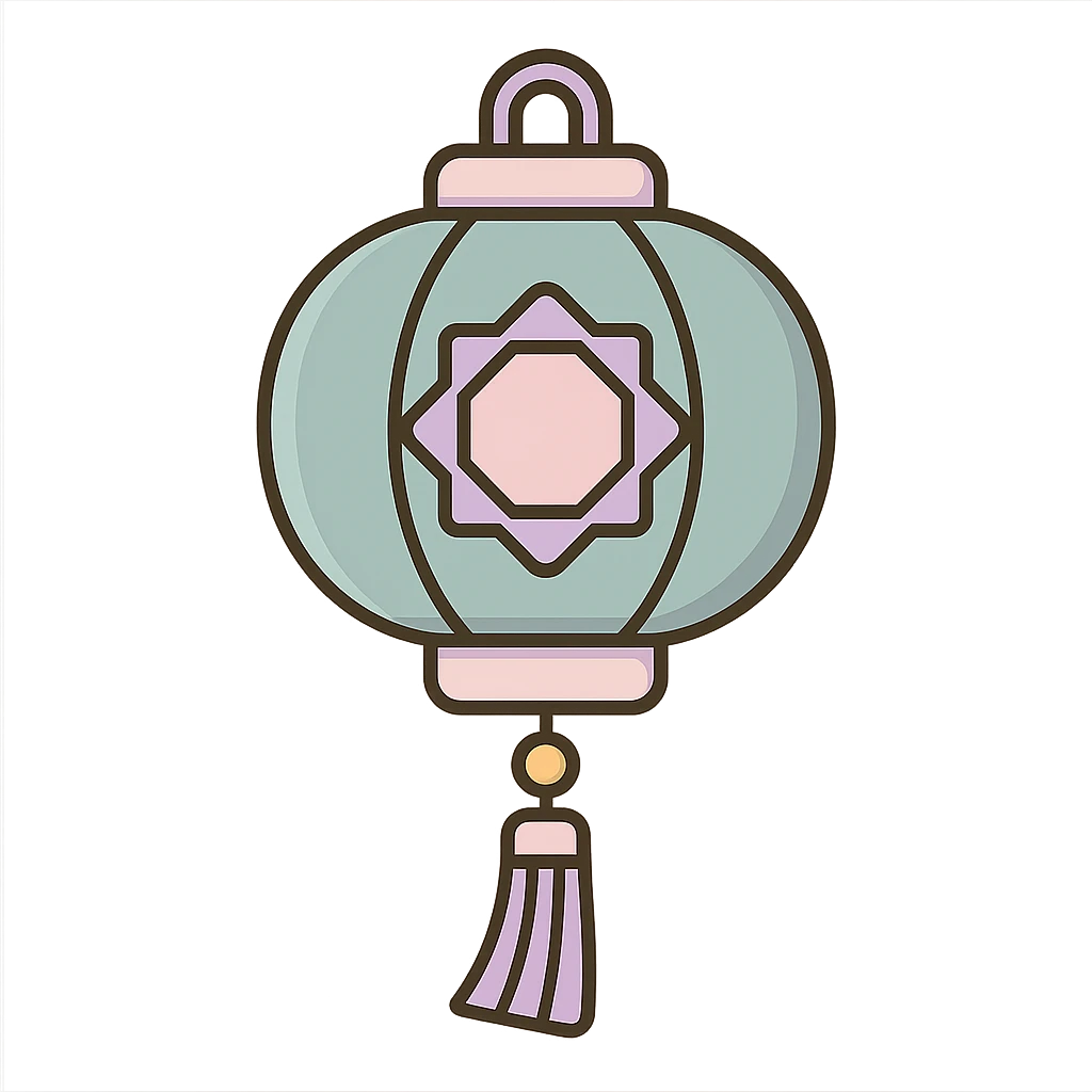 Chinese lantern like the reference with geometric ornament and tassel, in icon-color-outlined style. Not minimalist, no floral decor, detailed shadows and highlights, thin clean contours, soft rounded shapes, pastel palette #98B5BC, #B5B3C1, #C9A3C9, #E4C0CA, #F7DCD1, #F7C0AA. Modern Japanese pop art and sticker aesthetics, high detail, vector sharpness, soft lighting, transparent background. emoji