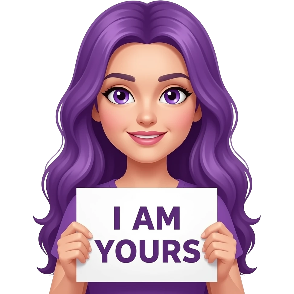 sexy girl with long purple hair and purple eyes holding a I AM YOURS sign emoji