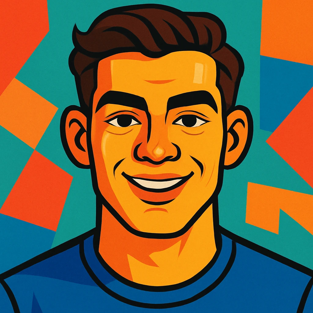 portrait of a young man, early twenties, square face, strong jaw, prominent cheekbones, broad forehead, thick arched eyebrows, hazel almond eyes, prominent eyelids, wide nose bridge, upturned tip, full lips, thinner upper lip, wheat skin, dark brown wavy hair combed right to left, normal close-set ears, sincere happy smile, vibrant toon style emoji
