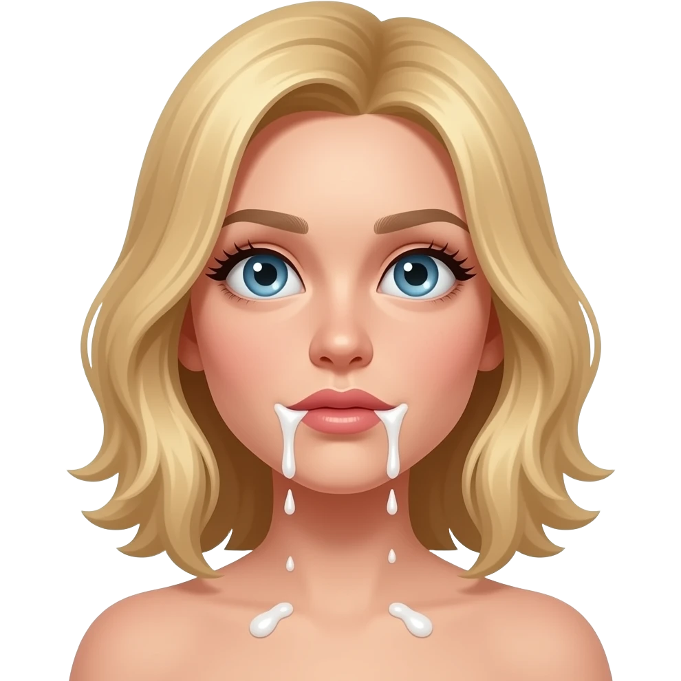 Naked white girl with blonde hair looking up with sticky white cum on her face emoji