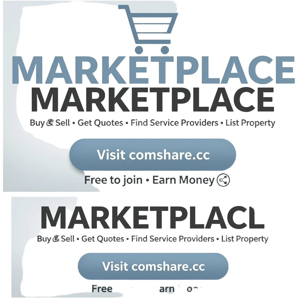 Main heading: "MARKETPLACE" Subtext: "Buy & Sell • Get Quotes • Find Service Providers • List Property" Call to action: "Visit comshare.cc" Bottom text: "Free to join • Earn Money".  Include subtle icons for shopping, sharing, money. emoji