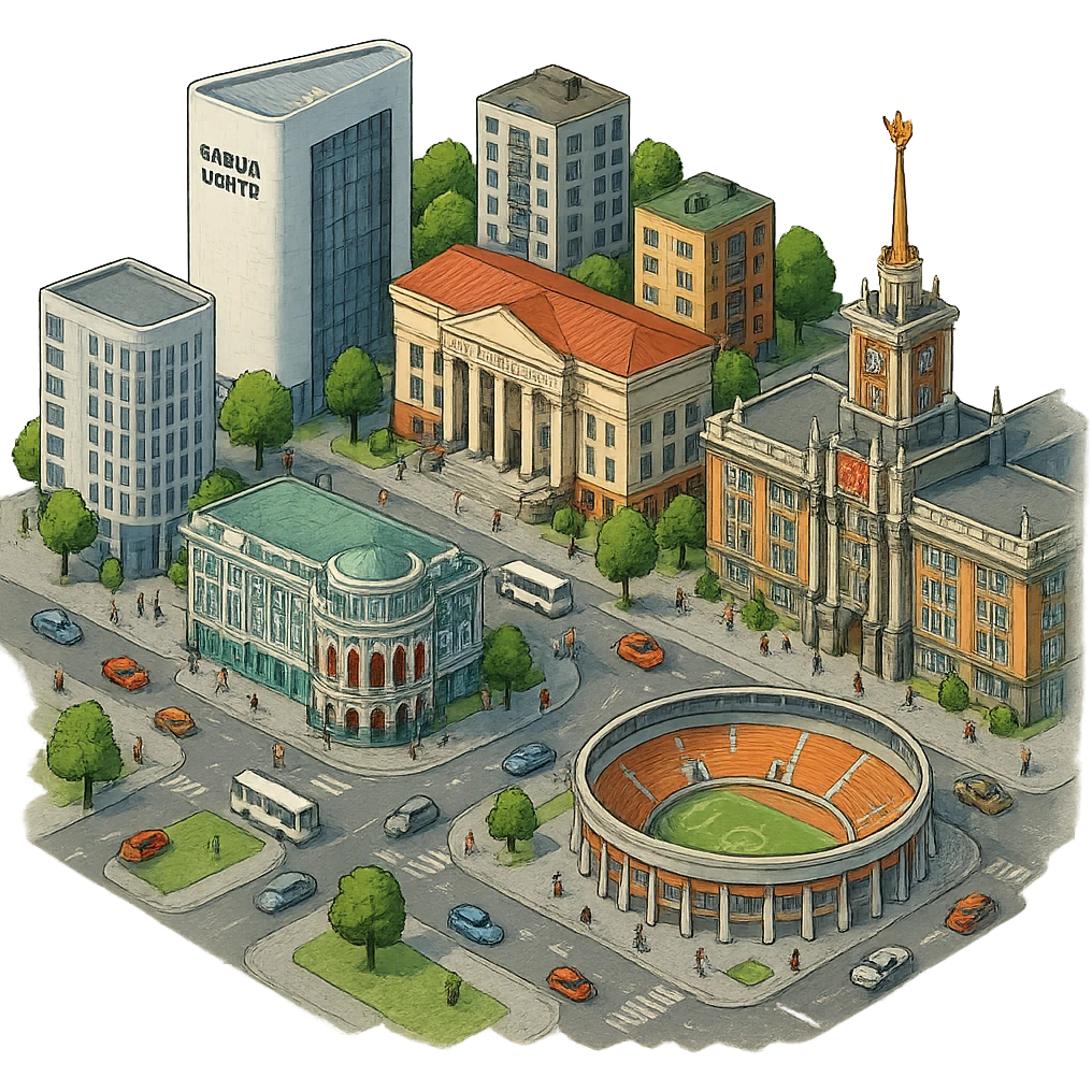 Изометричная миниатюрная фотореалистичная 3D модель Екатеринбурга - Дом Севастьянова, Ельцин-центр, Уральский федеральный университет, дома, Екатеринбург Арена, Медный дом, Здание Свердловского городского совета народных депутатов, четкие линии, яркие цвета, мультяшный реализм, люди, автотранспорт, компактная композиция, вид сверху в изометрии, прозрачный фон emoji