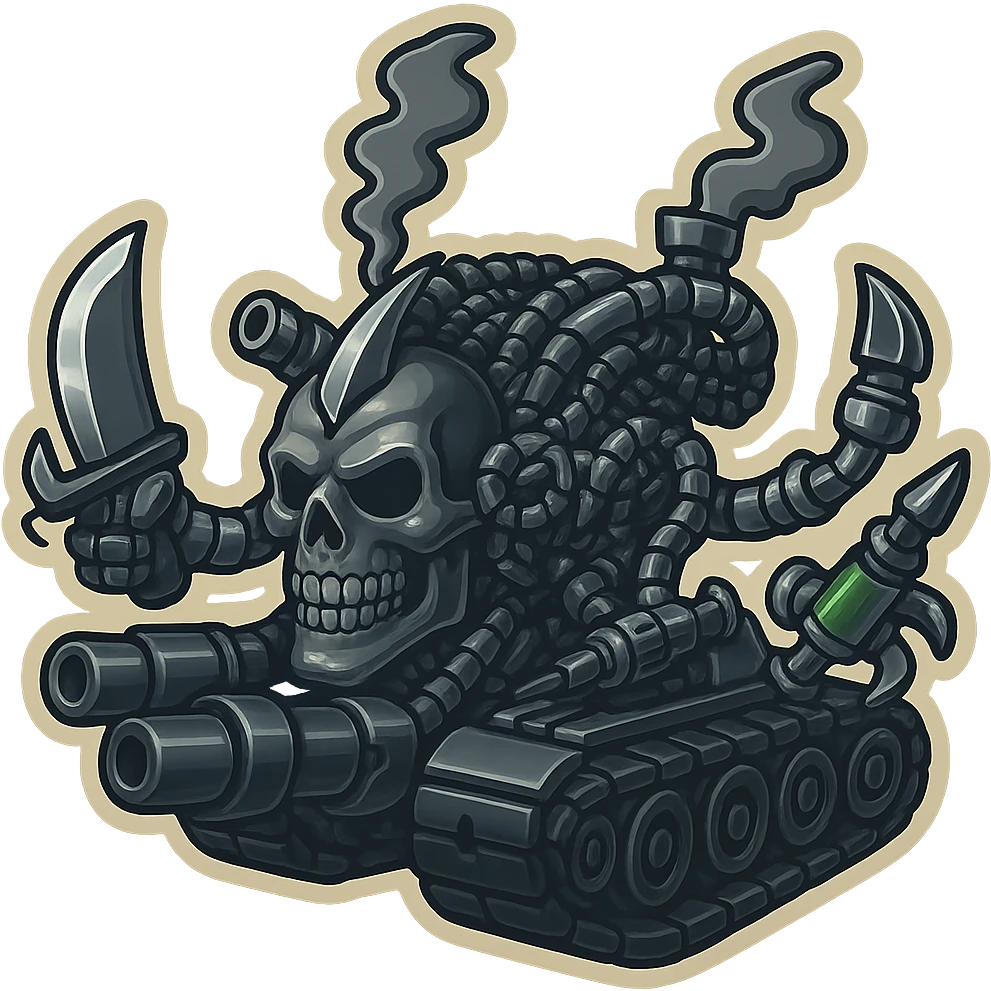 Edit the image to depict a skull robot tank with 4 distinct appendages, each holding a different weapon: an industrial blade, a blaster, a syringe, and a claw. The tank's metal should be black, while the skull face and arms are grey. Maintain compact proportions, clear mechanical detail, and a clean outline in retro stickers style with a transparent background. emoji