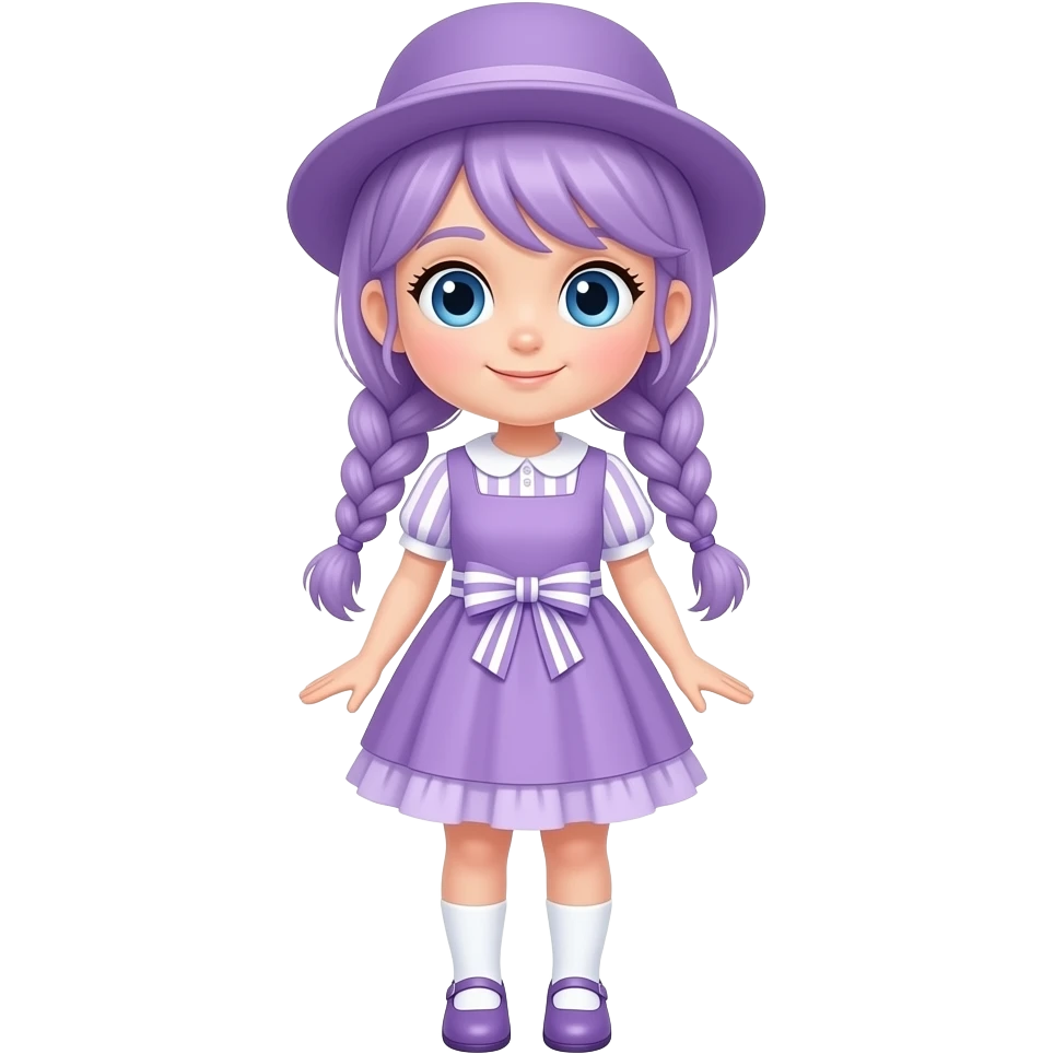 A girl with pale purple hair tied in braids and blue eyes, wearing a pale purple dress with white striped short sleeves and skirt, a pale purple frill, and a pale purple and white striped waist bow, pale purple shoes with white socks, and a pale purple hat. emoji