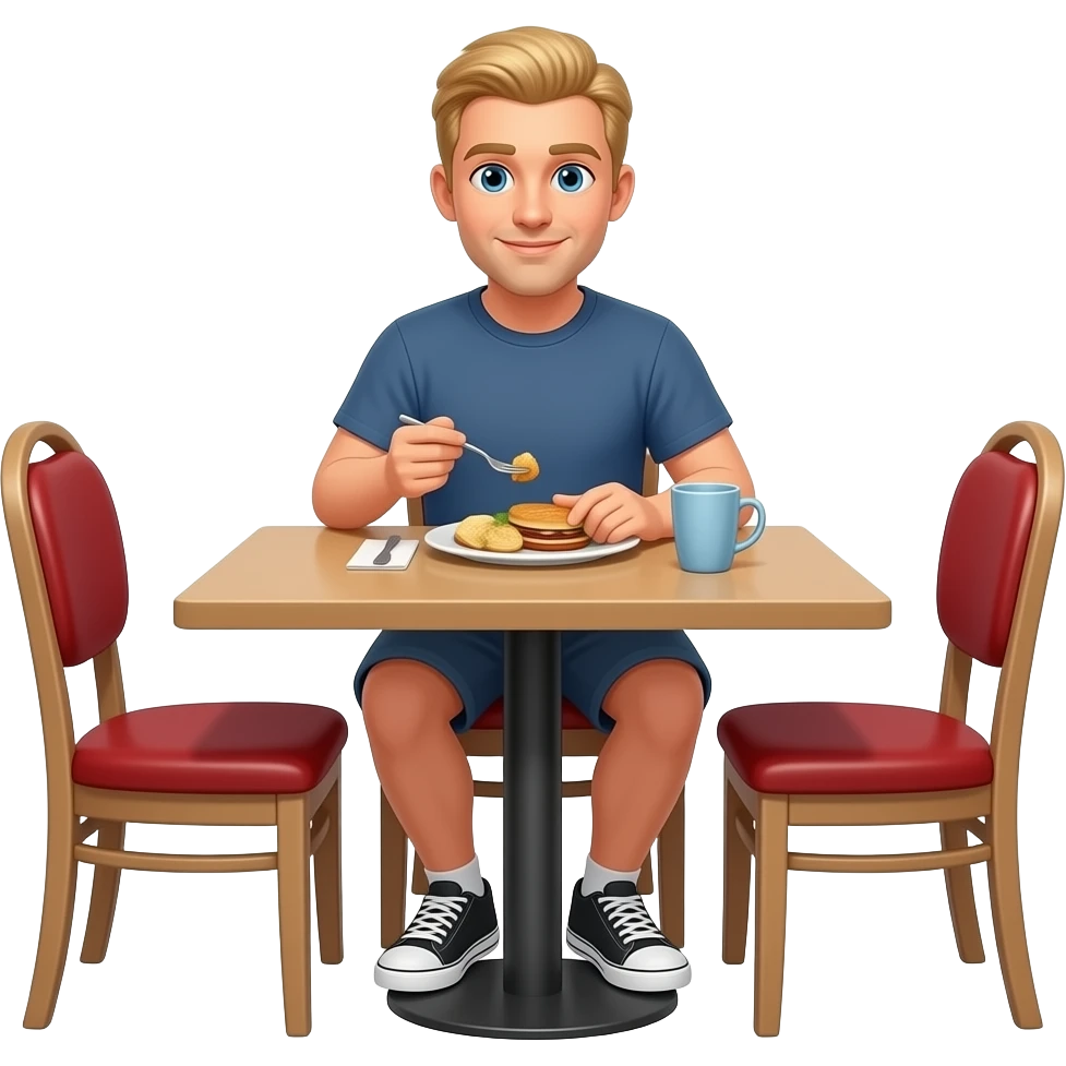 blonder man in t-shirt sitzt am restaurant tisch und isst, man sieht den ganzen tisch, ohne sessel auf der seite emoji
