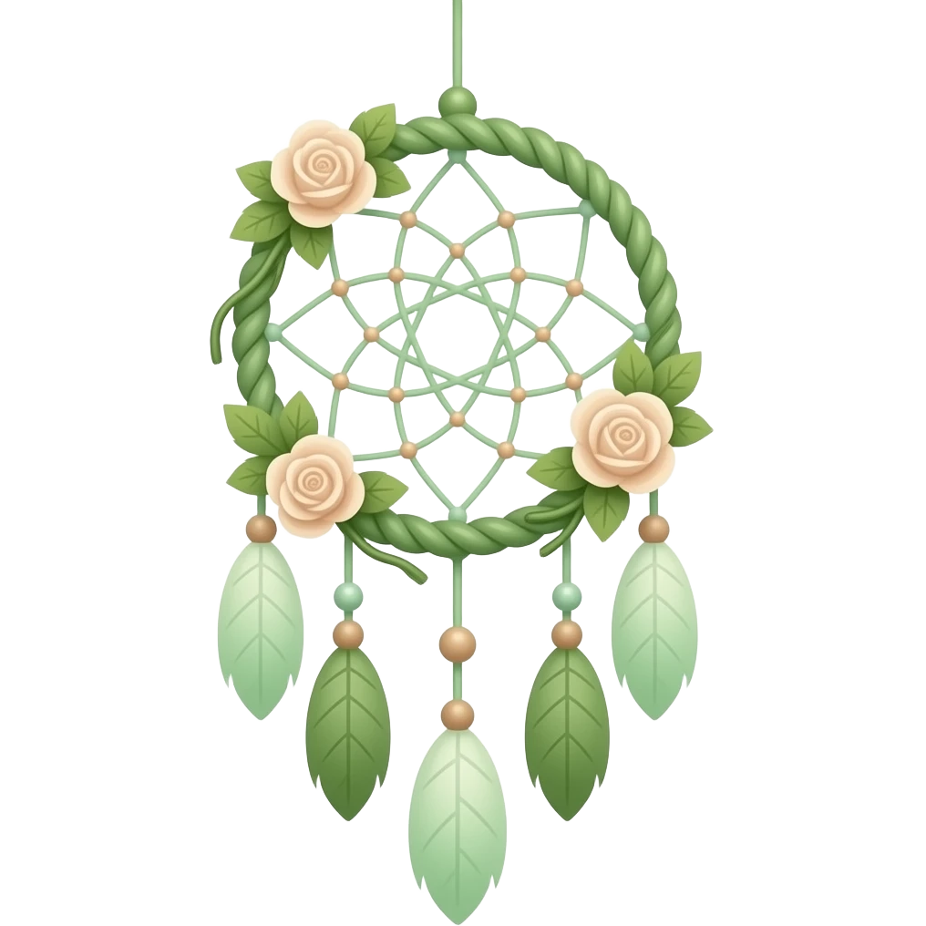 Cute dainty neat Pastel Green-white-brownish-beige-gradients thread-rope-hanging dreamcatcher, pastel colors, whitish, light, green academia aesthetic, mossy, with green vines and beige roses emoji
