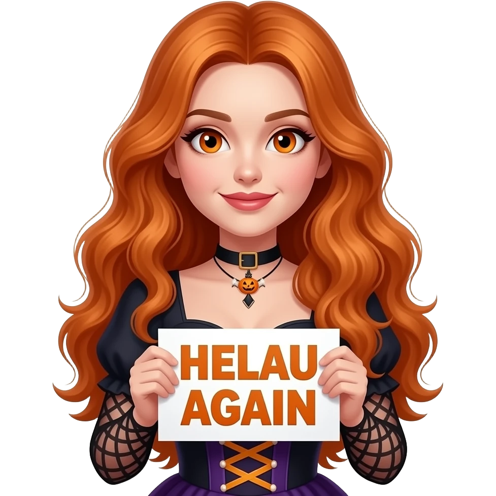 sexy girl with long wavy ginger hair and ginger eyes wearing a halloween dress is holding a white colored sign with HELAU AGAIN written on it emoji