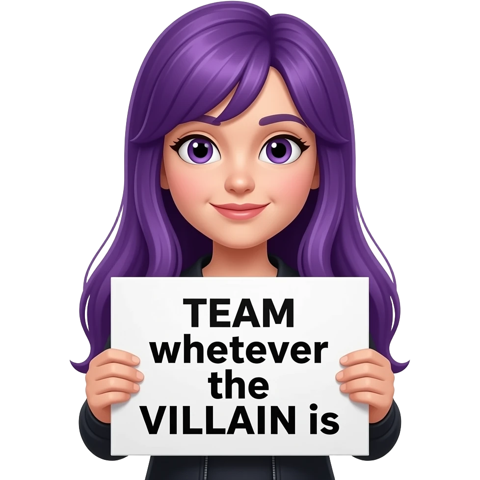 girl with long purple hair holding a TEAM whoever the VILLAIN is sign emoji