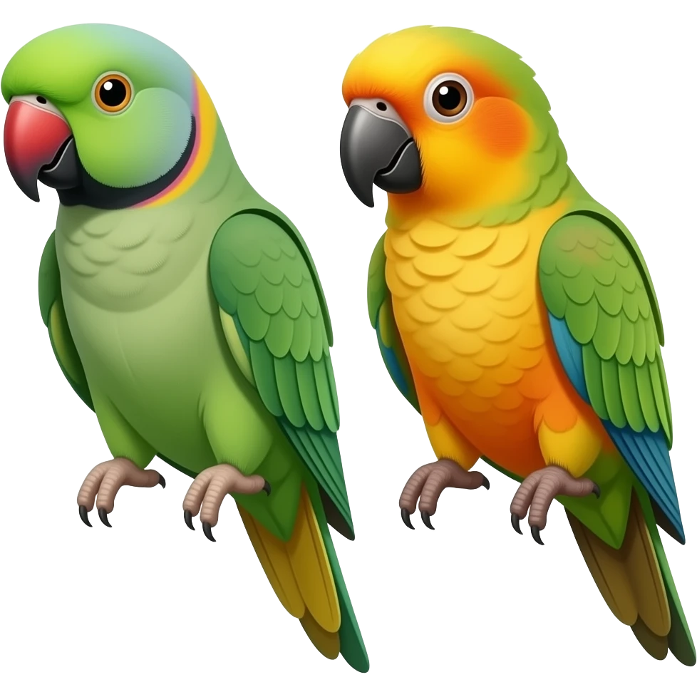 green indian ring neck parrot beside a sun conure parrot with all green wings emoji