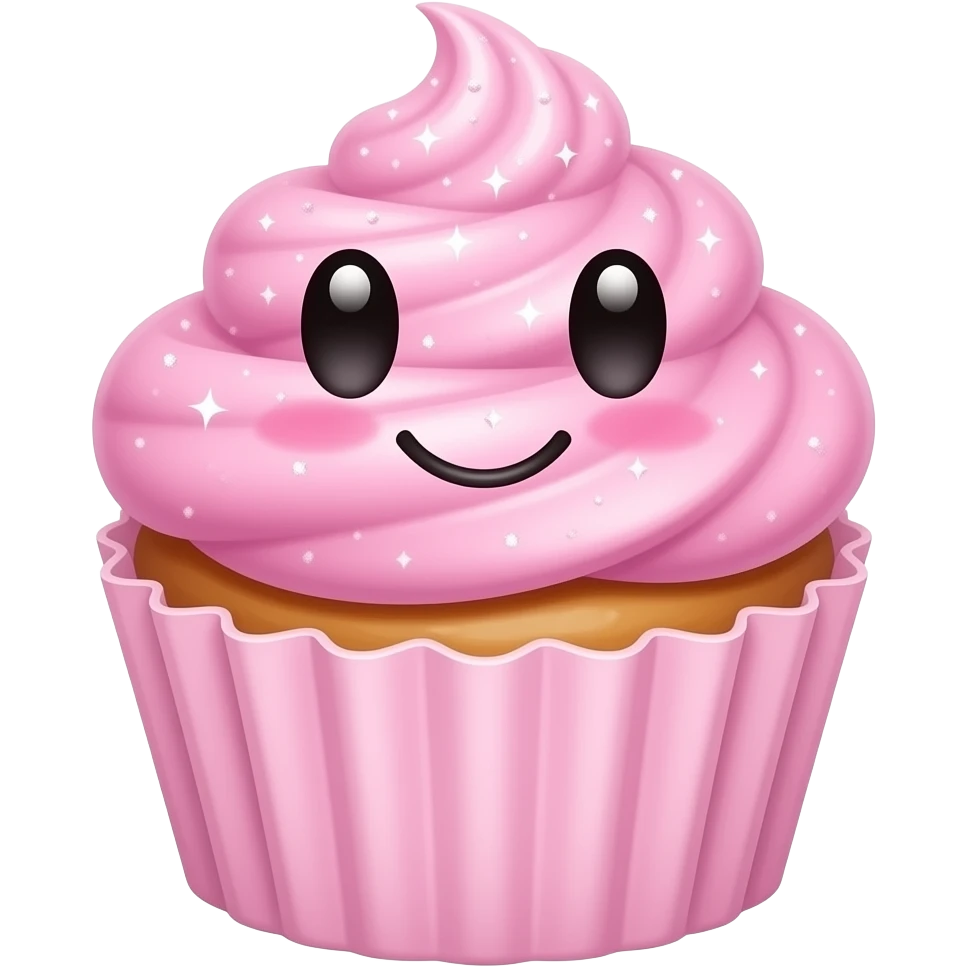 Um cupcake rosa com muito brilho, feliz e sorridente, com um rosto... emoji