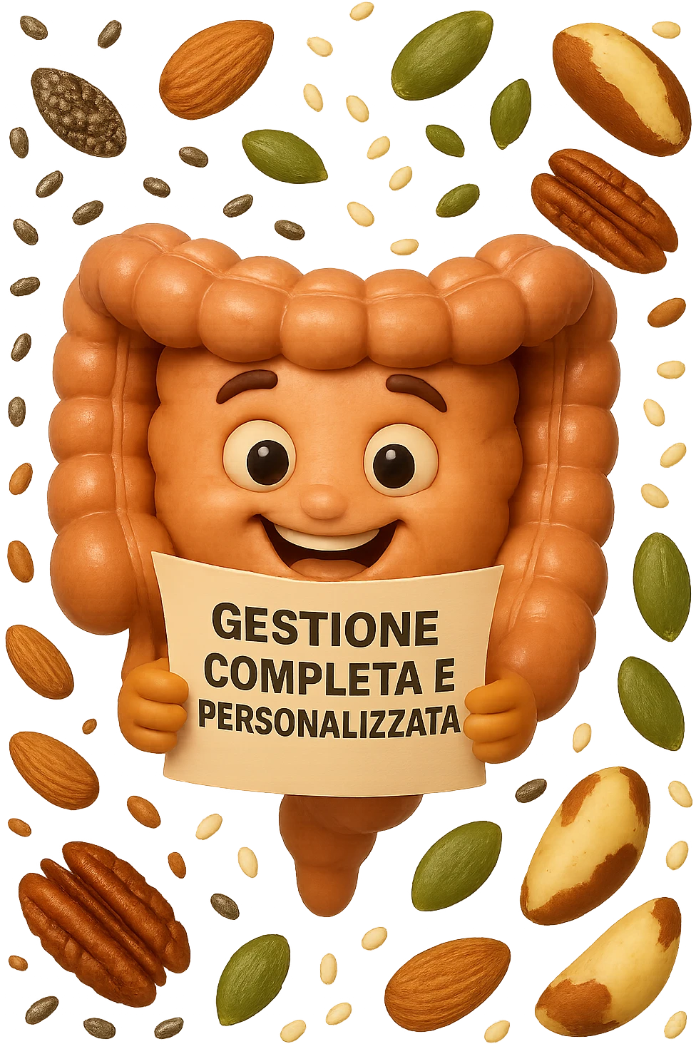 emoji stile iphone 3d di questi elementi che fluttuano in aria:

Semi di chia, lino, zucca, sesamo
Mandorle, noci pecan, noci brasiliane (porzioni limitate)

 che fluttuano sparse casualmente in aria, iperealistico 4k emoji