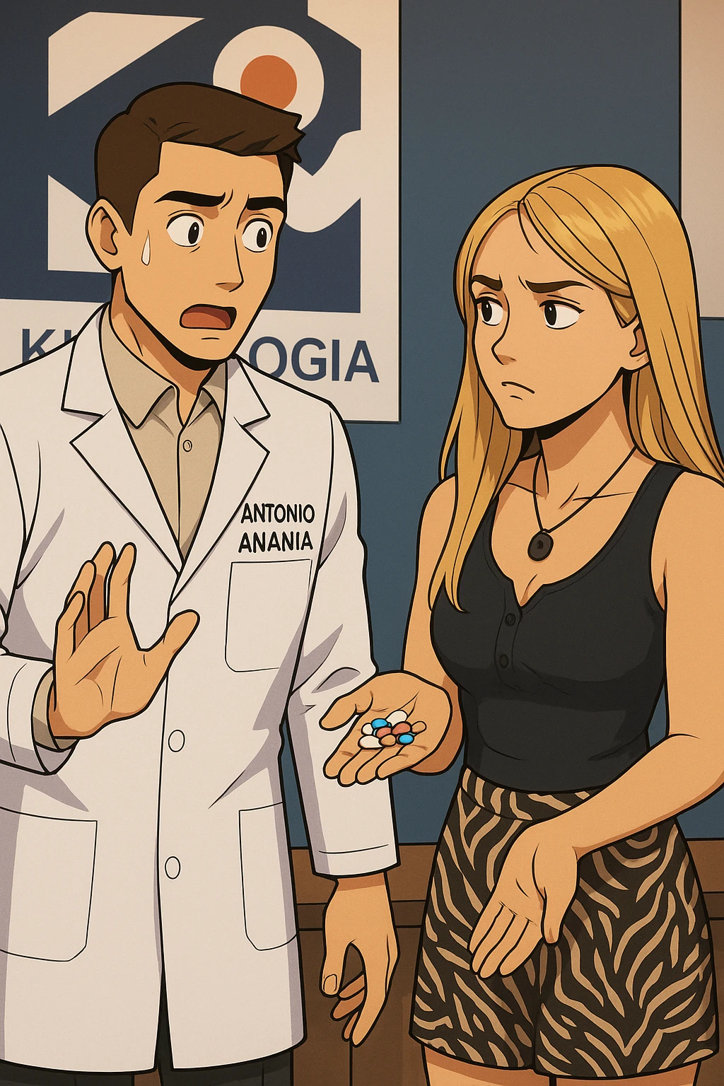 fai un webtoon/manga a colori con questo kinesiologo in camice bianco (fagli la scritta "ANTONIO ANANIA" SUL CAMICE) CHE PARLA CON QUESTA RAGAZZA. LA RAGAZZA HA UN PUGNO DI INTEGRATORI IN MANO (TANTE PILLOLE DIVERSE) E LE GUARDA DUBBIOSA. IL KINESIOLOGO CON IL CAMICE BIANCO LE DOMANDA UNA COSA SCIOCCATO. NON FARE I FUMETTI, FAI SOLO LORO COME SE DIALOGASSERO emoji