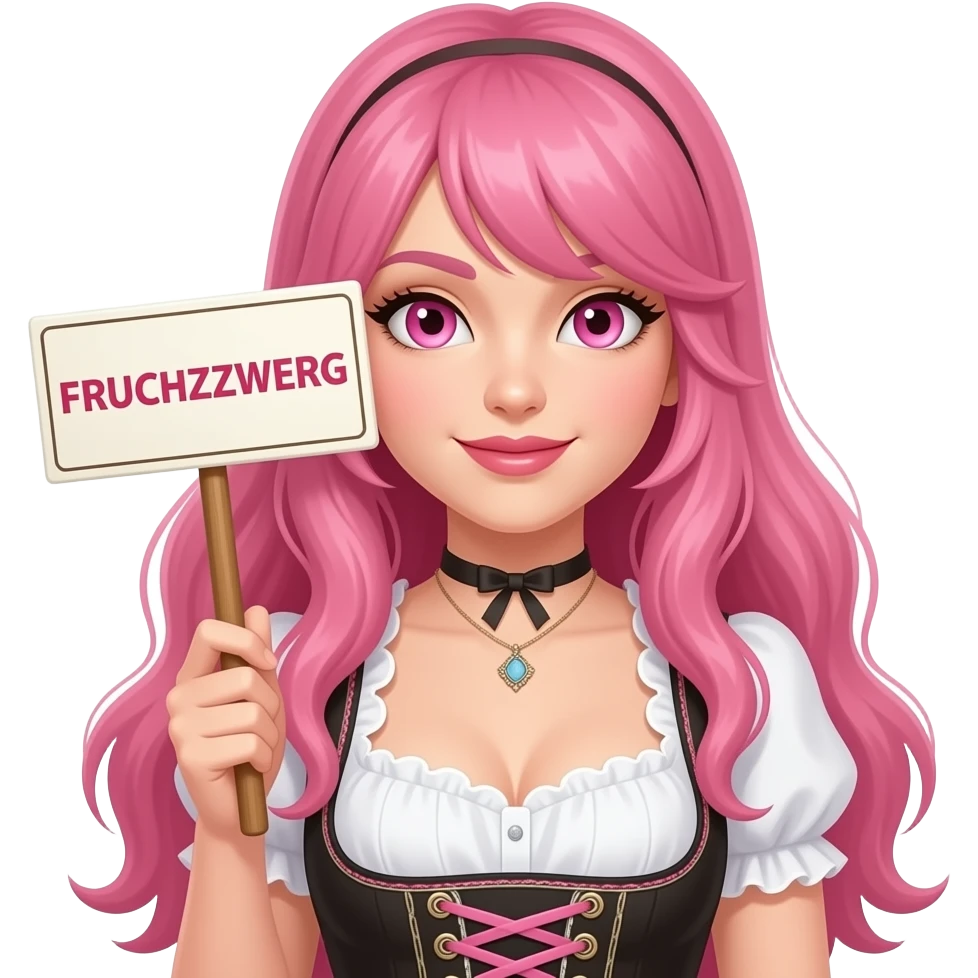 sexy girl with long pink hair and pink eyes wearing a dirndl holding a FRUCHTZWERG sign emoji