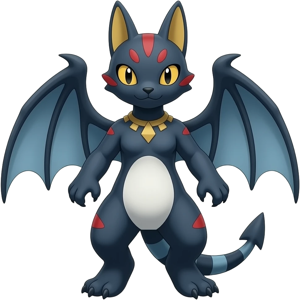 midnight blue-gray-black, with red markings, white belly, scaley Bastet-Noibat-Gatomon-Digimon-Fakémon-Pokémon-creature (full body) emoji