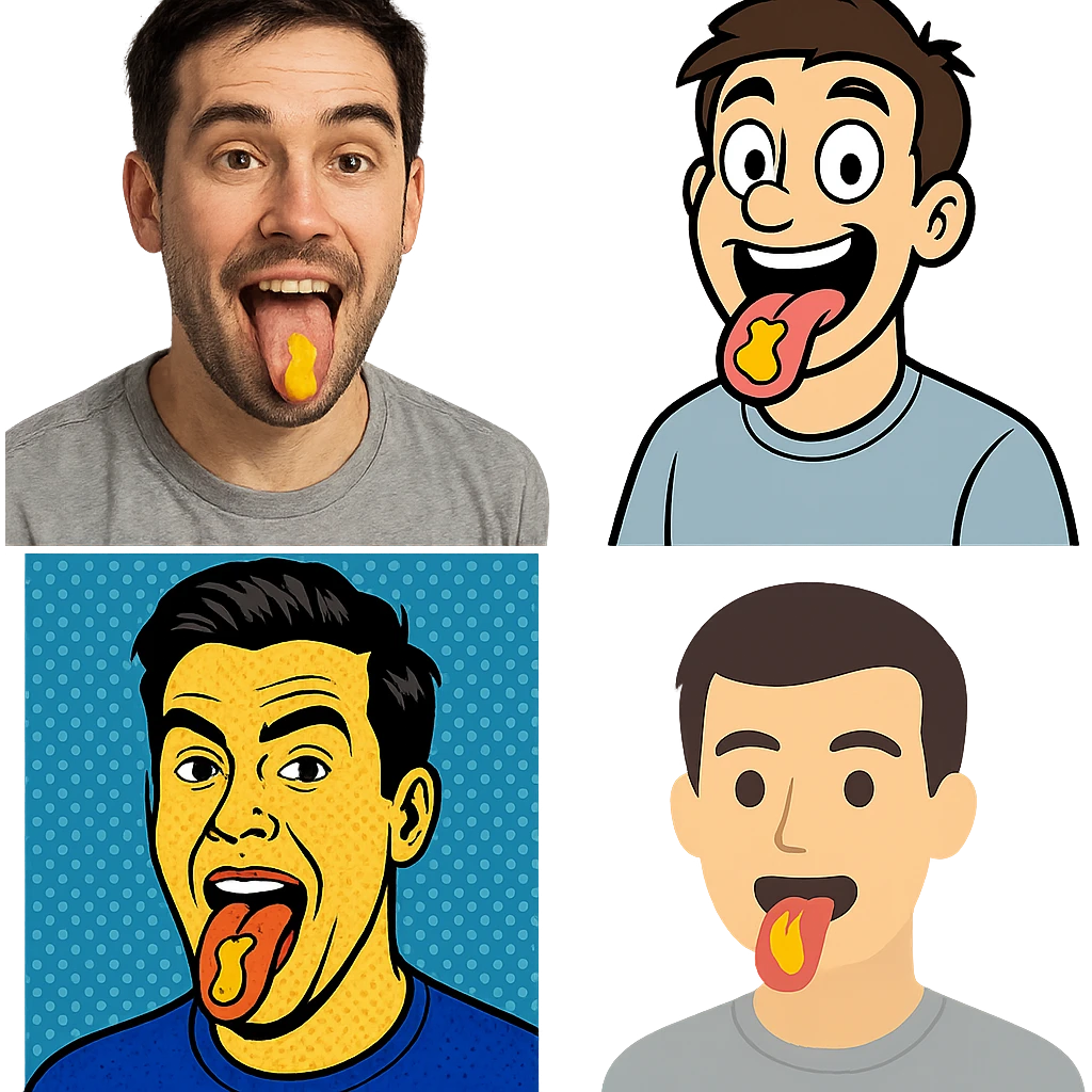 guy with tongue out and mustard on his tongue, various styles emoji