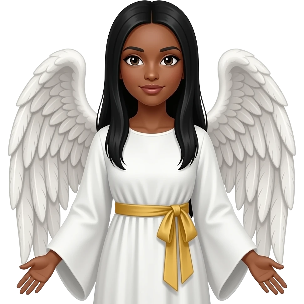 Female African American angel with long straight black hair wearing a long white tunic with a gold sash on it emoji